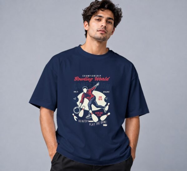 bowling-world-competition-tshirt-navy-blue-front Bowling World Competition 240 GSM Oversized Tee in navy blue, front view – Kool Kameez