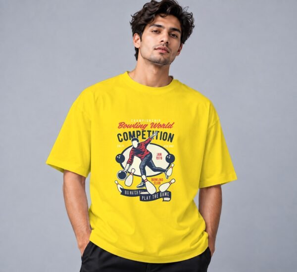 Bowling World Competition Retro Round Neck T-Shirt in new yellow, front view – Kool Kameez