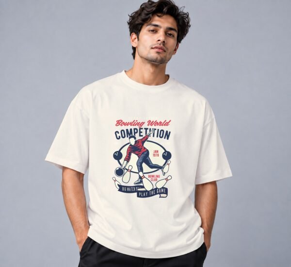 bowling-world-competition-tshirt-off-white-front Bowling World Competition 240 GSM Oversized Tee in off white, front view – Kool Kameez
