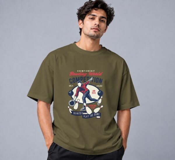 bowling-world-competition-tshirt-olive-green-front Bowling World Competition 240 GSM Oversized Tee in olive green, front view – Kool Kameez