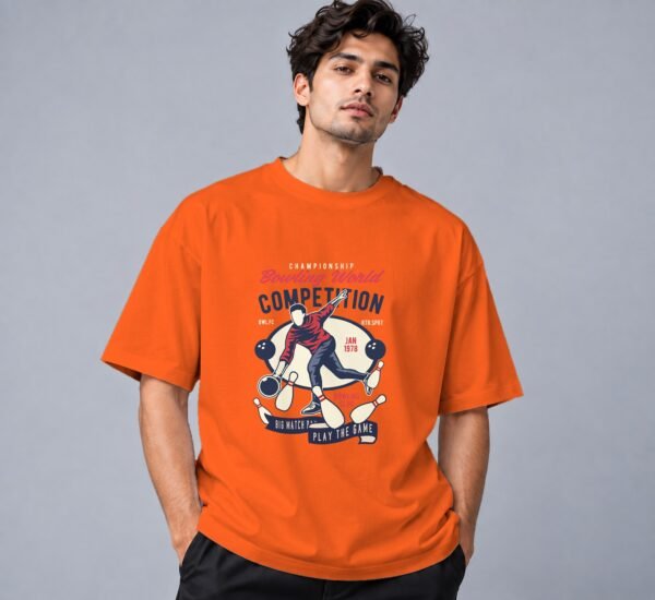 Bowling World Competition Retro Round Neck T-Shirt in orange, front view – Kool Kameez