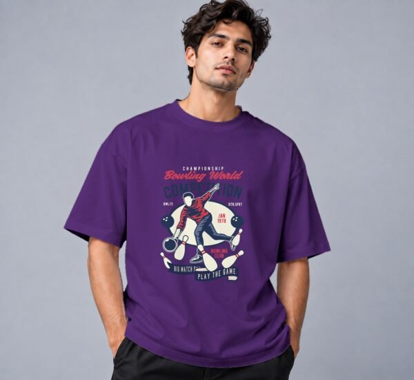 bowling-world-competition-tshirt-purple-front Bowling World Competition 240 GSM Oversized Tee in purple, front view – Kool Kameez