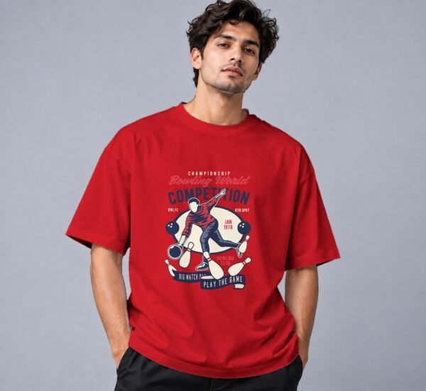 bowling-world-competition-tshirt-red-front Bowling World Competition 240 GSM Oversized Tee in red, front view – Kool Kameez