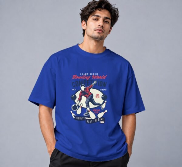bowling-world-competition-tshirt-royal-blue-front Bowling World Competition 240 GSM Oversized Tee in royal blue, front view – Kool Kameez