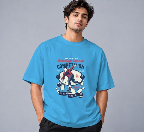 Bowling World Competition Retro Round Neck T-Shirt in skyblue, front view – Kool Kameez