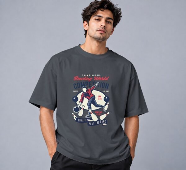 Bowling World Competition Retro Round Neck T-Shirt in steel grey, front view – Kool Kameez