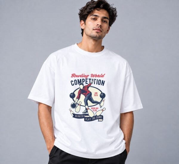 bowling-world-competition-tshirt-white-front Bowling World Competition 240 GSM Oversized Tee in white, front view – Kool Kameez