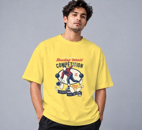 Bowling World Competition Retro Round Neck T-Shirt in yellow, front view – Kool Kameez