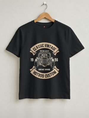Classic Vintage Hotrod Round Neck T-Shirt - Black - Front View Classic Vintage Hotrod Round Neck T-Shirt - Black - Front View