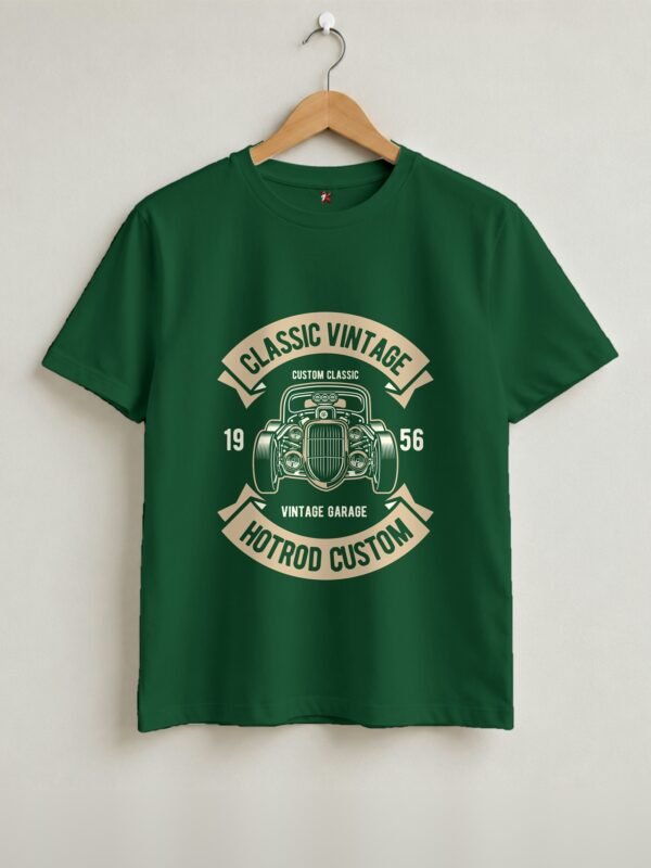 Classic Vintage Hotrod Round Neck T-Shirt - Bottle Green - Front View Classic Vintage Hotrod Round Neck T-Shirt - Bottle Green - Front View