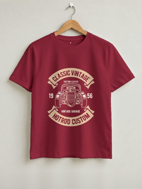 Classic Vintage Hotrod Round Neck T-Shirt - Maroon - Front View Classic Vintage Hotrod Round Neck T-Shirt - Maroon - Front View
