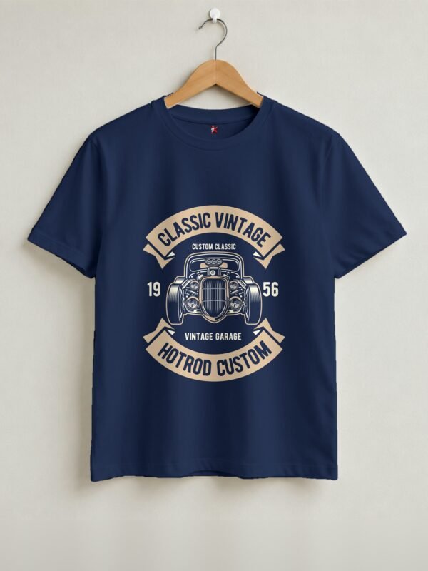 Classic Vintage Hotrod Round Neck T-Shirt - Navy Blue - Front View Classic Vintage Hotrod Round Neck T-Shirt - Navy Blue - Front View
