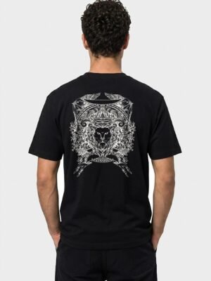 Crowned Lion Crest back print round neck t-shirt in Black — back view