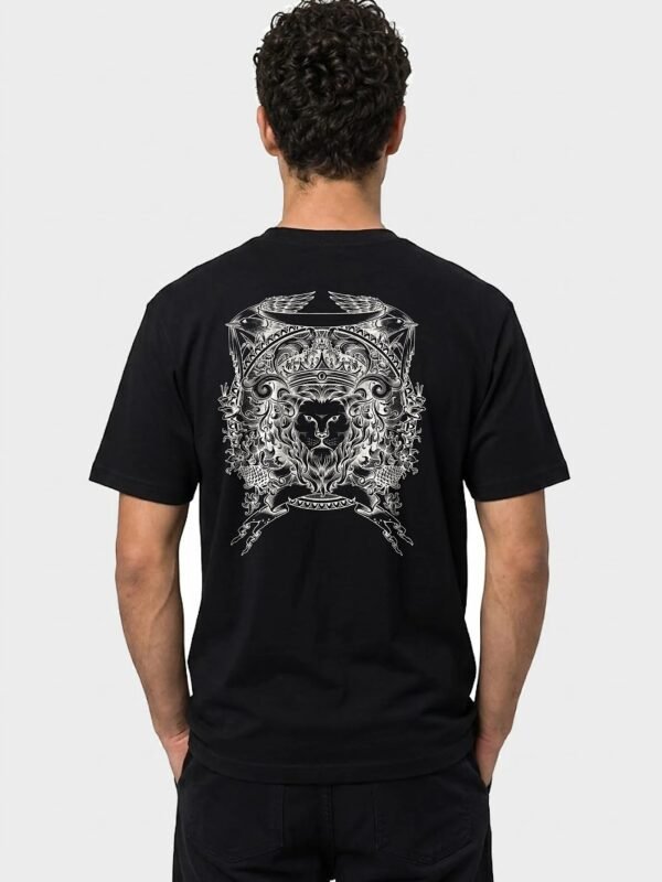 Crowned Lion Crest back print round neck t-shirt in Black — back view