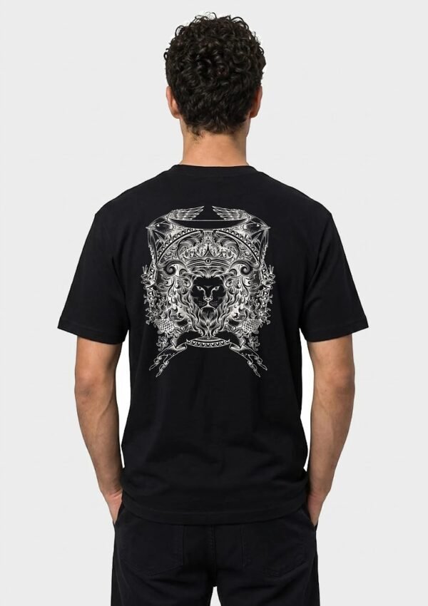 Model wearing the Crowned Lion Crest round neck tee in black, back print