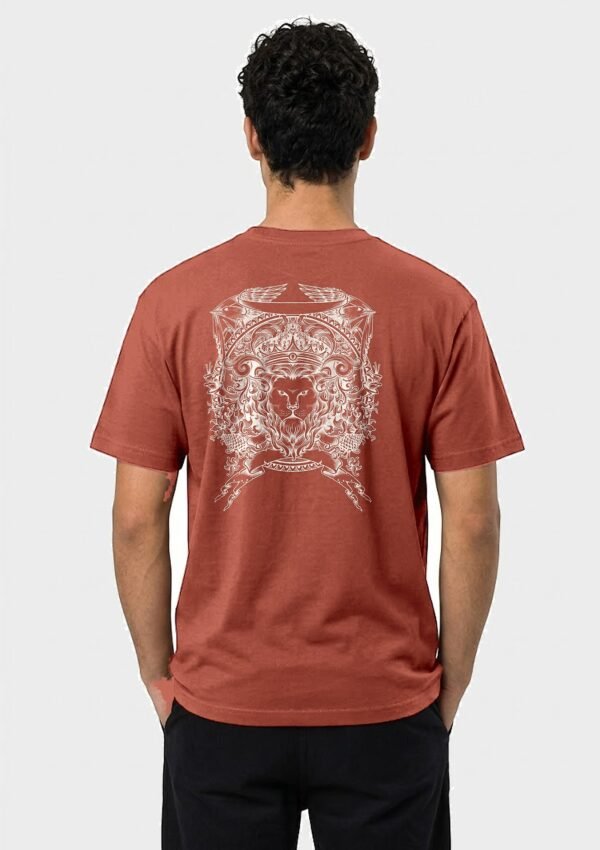 Crowned Lion Crest back print round neck t-shirt in Brown — back view