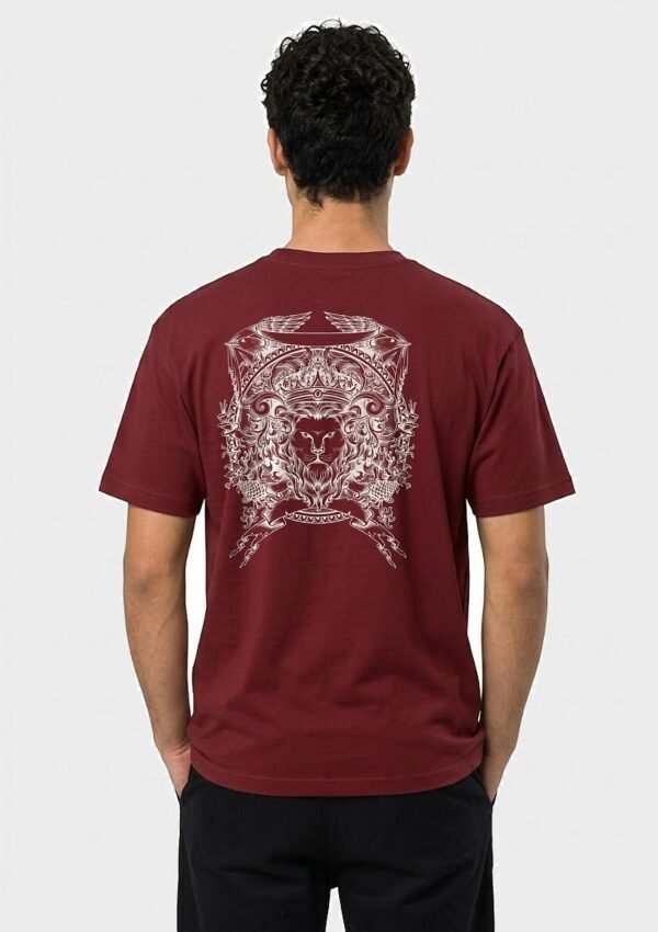 Crowned Lion Crest back print round neck t-shirt in Maroon — back view