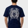 Crowned Lion Crest back print round neck t-shirt in Navy Blue — back view