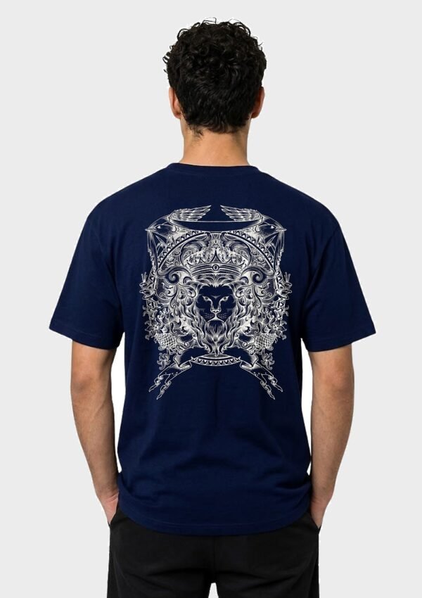 Crowned Lion Crest back print round neck t-shirt in Navy Blue — back view