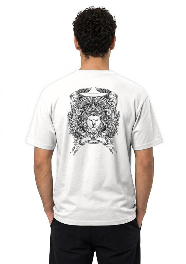Crowned Lion Crest back print round neck t-shirt in White — back view