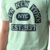 Distressed Print New York NYC Round Neck T-Shirt in Mint Green, rough cracked print close-up