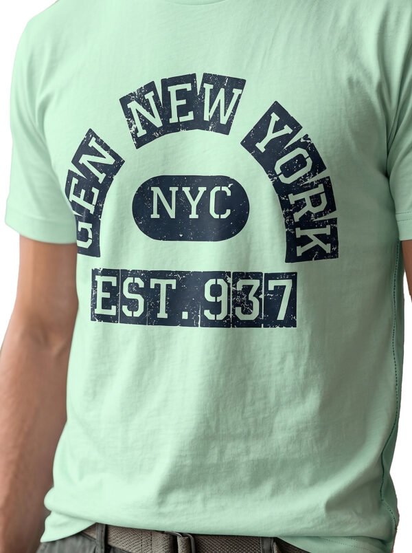 Distressed Print New York NYC Round Neck T-Shirt in Mint Green, rough cracked print close-up