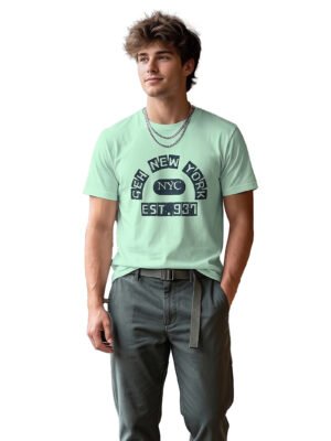 Distressed Print New York NYC Round Neck T-Shirt in Mint Green, front view