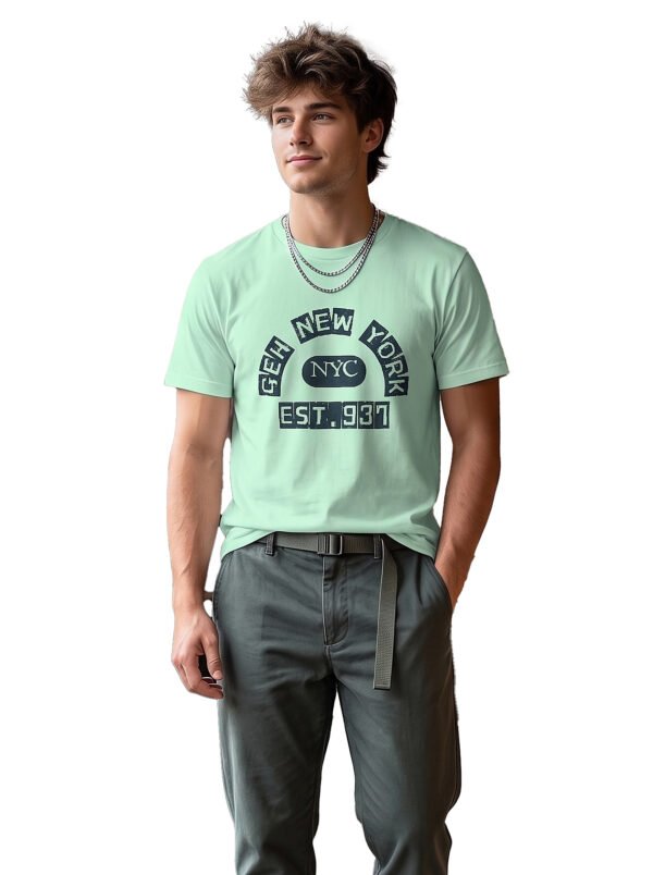 Distressed Print New York NYC Round Neck T-Shirt in Mint Green, front view