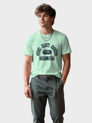 Distressed Print New York NYC Round Neck T-Shirt in Mint Green, front view