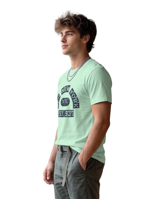 Distressed Print New York NYC Round Neck T-Shirt in Mint Green, side view