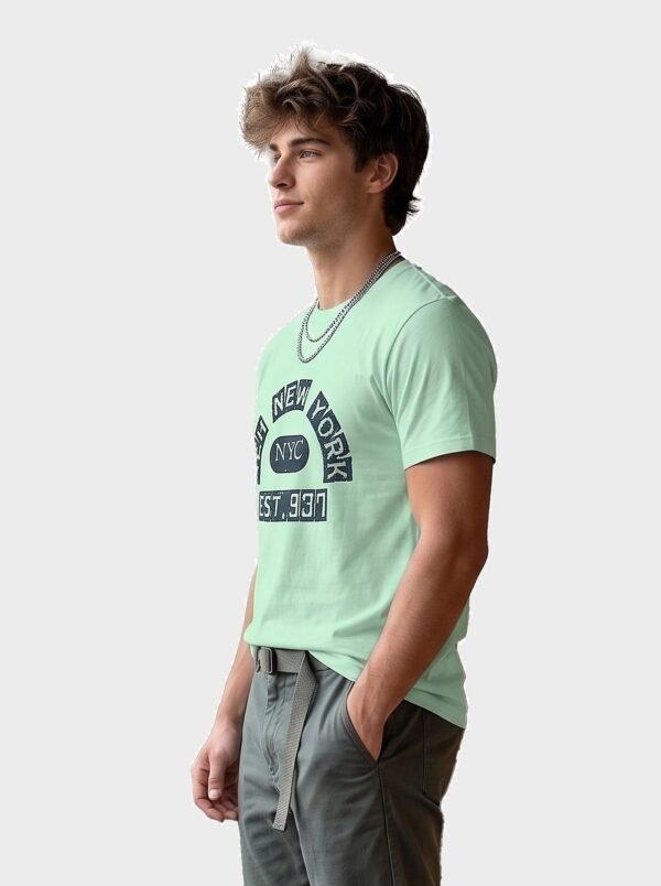Distressed Print New York NYC Round Neck T-Shirt in Mint Green, side view Distressed Print New York NYC Round Neck T-Shirt in Mint Green, side view