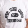 Distressed Print New York NYC Round Neck T-Shirt in White, rough cracked print close-up