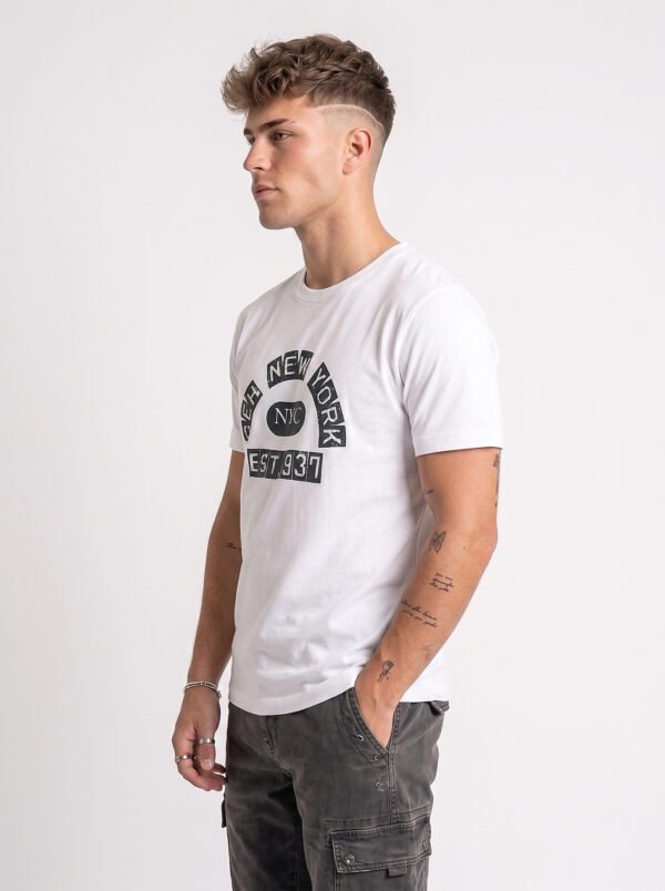 Distressed Print New York NYC Round Neck T-Shirt in White, side view