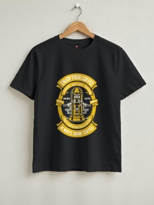 Enjoy Your Coffee Retro Round Neck T-Shirt - Black - Front View Enjoy Your Coffee Retro Round Neck T-Shirt - Black - Front View