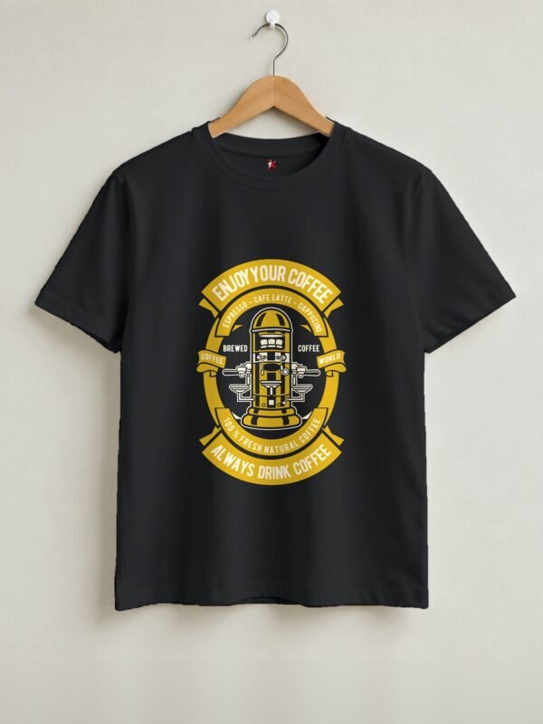 Enjoy Your Coffee Retro Round Neck T-Shirt - Black - Front View Enjoy Your Coffee Retro Round Neck T-Shirt - Black - Front View