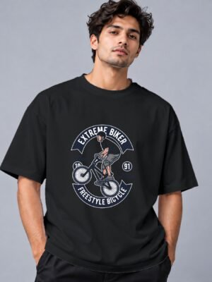 extreme-bike-tshirt-black-front Extreme Biker Freestyle 240 GSM Oversized Tee in black, front view – Kool Kameez