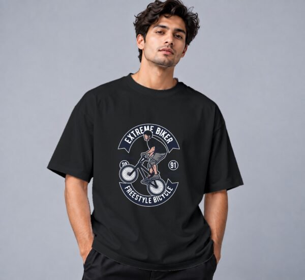 Extreme Biker Freestyle 240 GSM Oversized Tee in black, front view – Kool Kameez