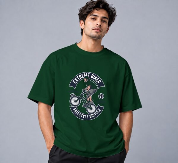 Extreme Biker Freestyle 240 GSM Oversized Tee in bottle green, front view – Kool Kameez