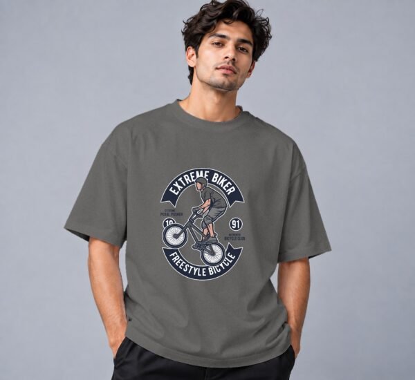 Extreme Biker Freestyle Retro Round Neck T-Shirt in charcoal melange, front view – Kool Kameez