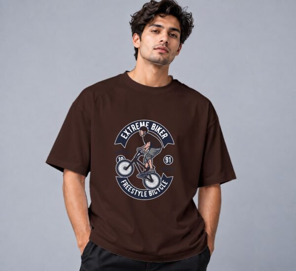 Extreme Biker Freestyle Retro Round Neck T-Shirt in coffee brown, front view – Kool Kameez