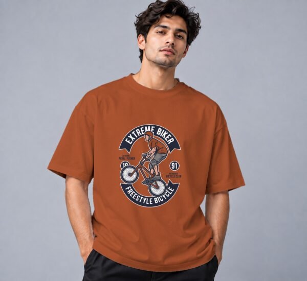 Extreme Biker Freestyle Retro Round Neck T-Shirt in copper, front view – Kool Kameez