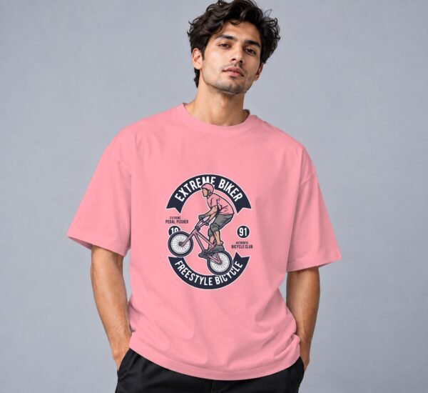 Extreme Biker Freestyle Retro Round Neck T-Shirt in flamingo, front view – Kool Kameez