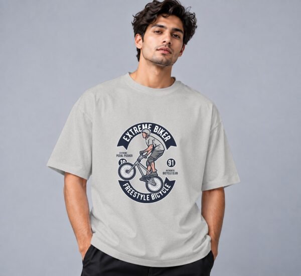 Extreme Biker Freestyle 240 GSM Oversized Tee in grey melange, front view – Kool Kameez
