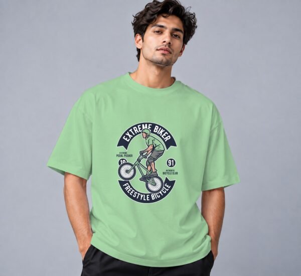Extreme Biker Freestyle Retro Round Neck T-Shirt in jade, front view – Kool Kameez