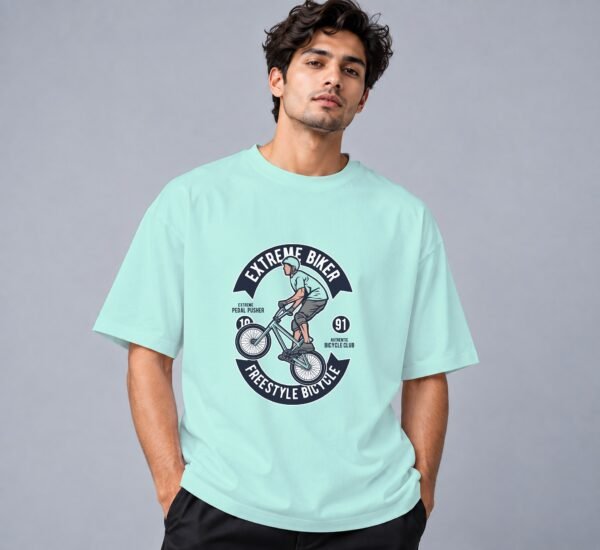 Extreme Biker Freestyle 240 GSM Oversized Tee in mint, front view – Kool Kameez