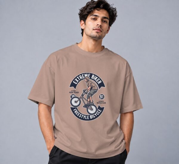 Extreme Biker Freestyle Retro Round Neck T-Shirt in mushroom, front view – Kool Kameez