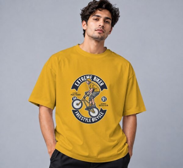 Extreme Biker Freestyle 240 GSM Oversized Tee in mustard yellow, front view – Kool Kameez