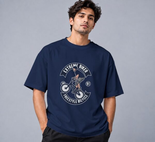 Extreme Biker Freestyle 240 GSM Oversized Tee in navy blue, front view – Kool Kameez