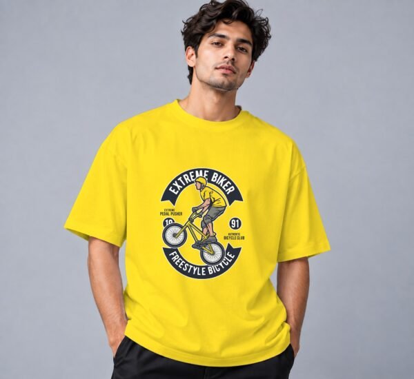 Extreme Biker Freestyle Retro Round Neck T-Shirt in new yellow, front view – Kool Kameez