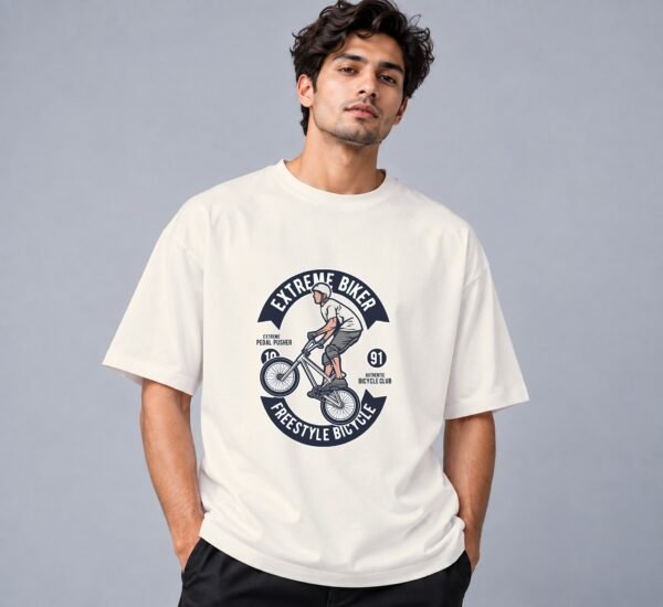 Extreme Biker Freestyle 240 GSM Oversized Tee in off white, front view – Kool Kameez